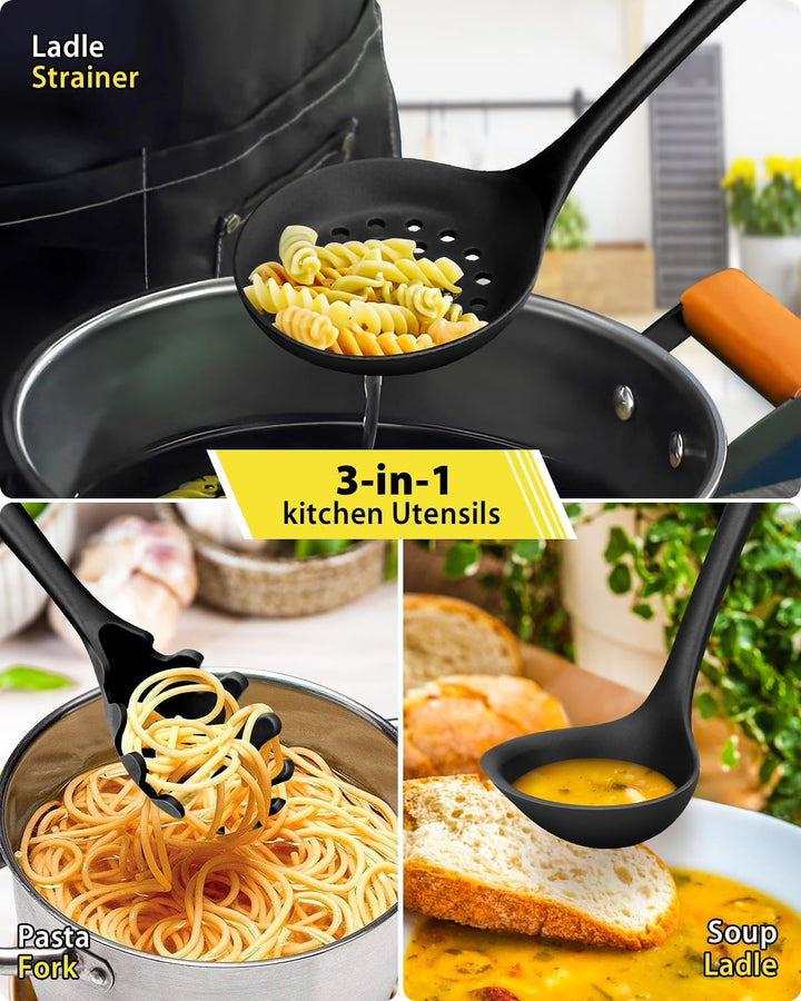 3 Stück Silikon-Küchenutensilien-Set, Suppenkelle-Nudelgabel-Schlitzlöffel, Antihaft-BPA-frei, Hochh