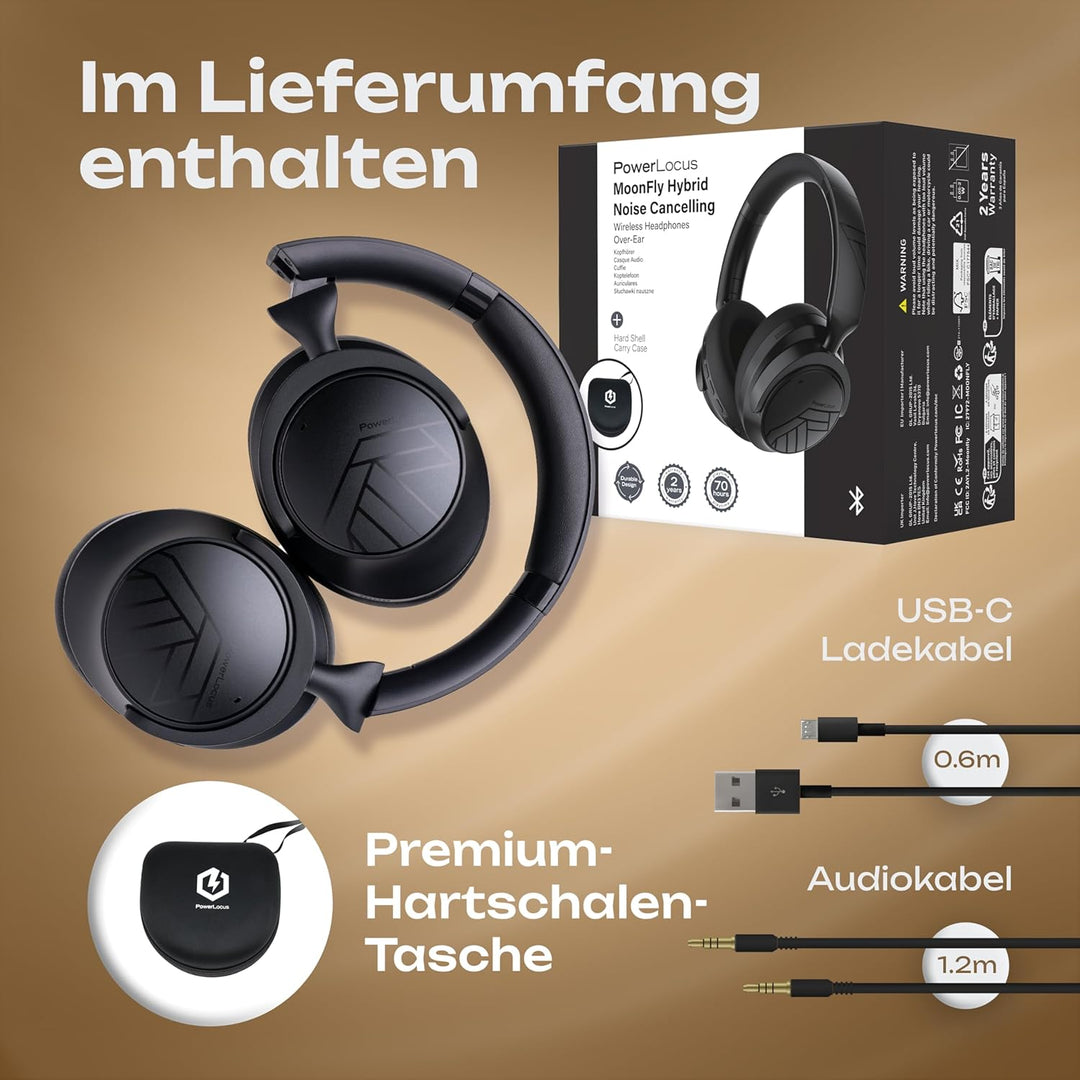 PowerLocus Over-Ear Kopfhörer Kabellos Bluetooth, Hybrid Active Noise Cancelling Kopfhörer, 70+ std.