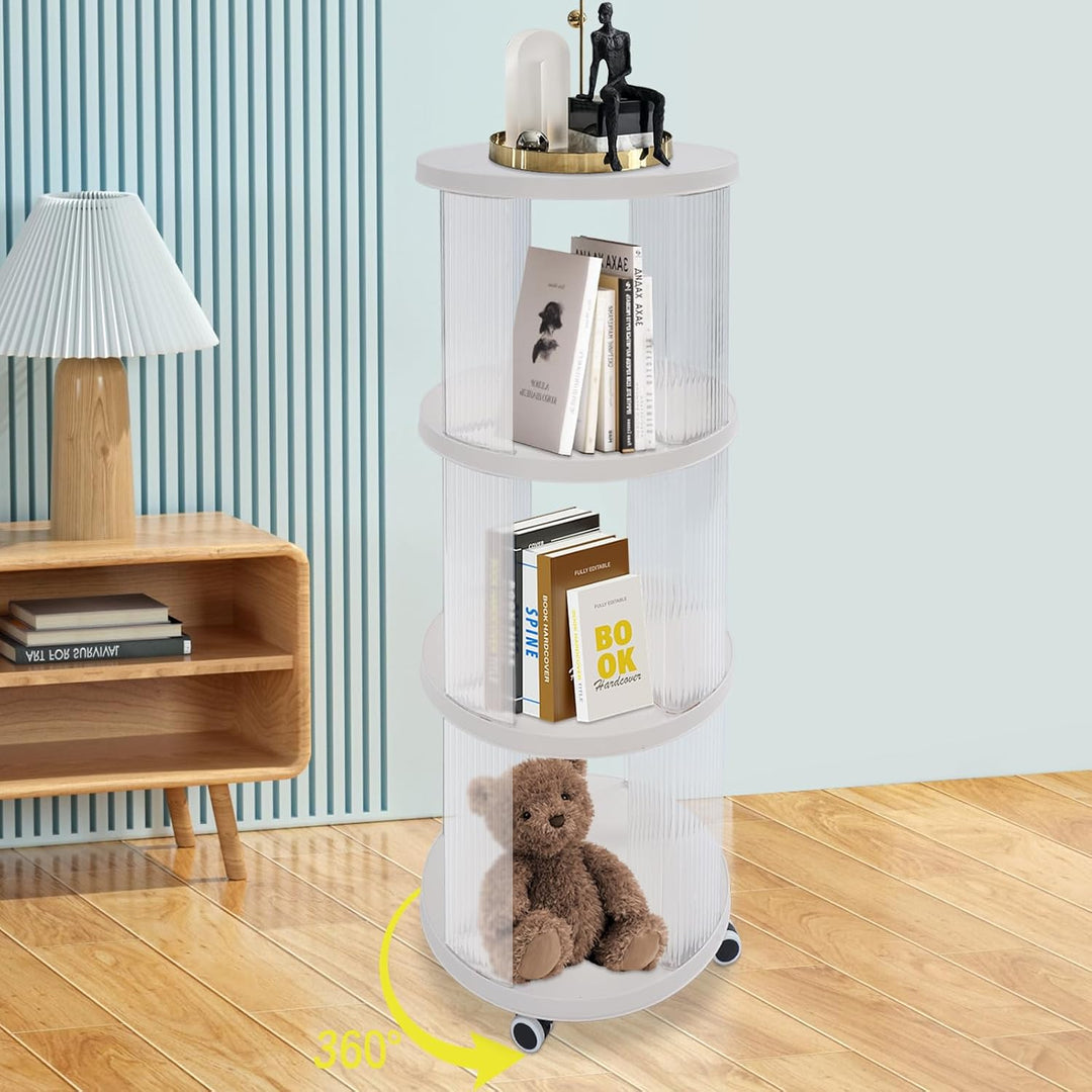 Weisses rundes drehbares Bücherregal aus ABS PET mit drei Etagen und Rollen | Freistehendes Drehrega