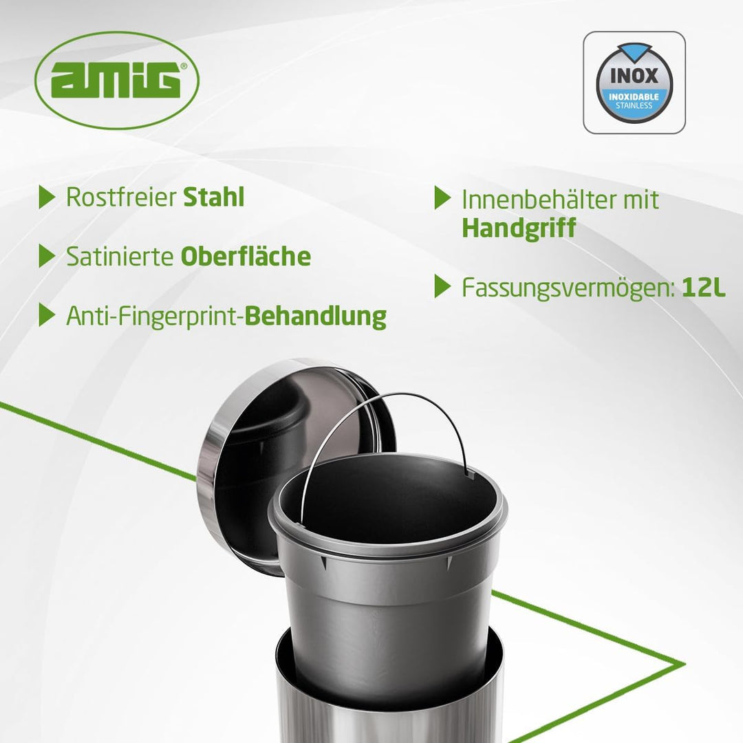 Amig - Mülleimer mit Pedal 12L - Edelstahl - Anti-Fingerabdruck-Behandlung - Öffnen mit Pedal - Inne