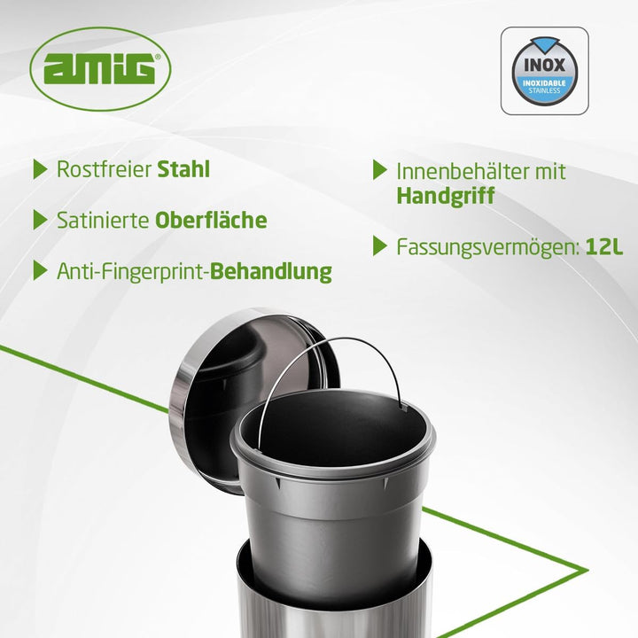 Amig - Mülleimer mit Pedal 12L - Edelstahl - Anti-Fingerabdruck-Behandlung - Öffnen mit Pedal - Inne