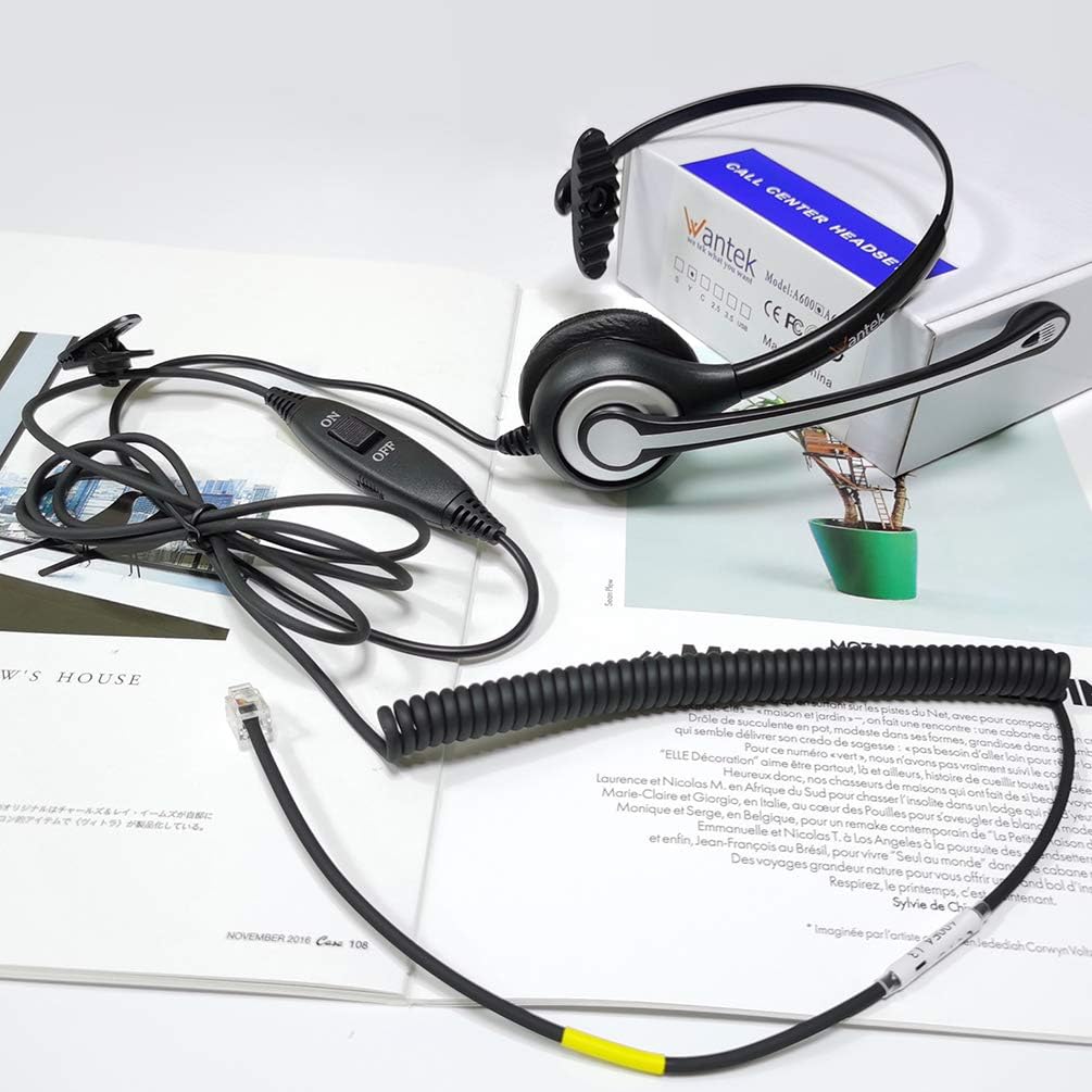 Wantek Telefon Headset RJ11 Monaural mit Noise Cancelling Mikrofon, Lautstärkeregler, Festnetztelefo