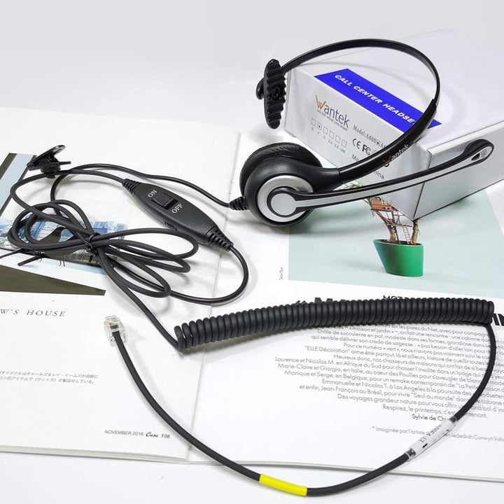 Wantek Telefon Headset RJ11 Monaural mit Noise Cancelling Mikrofon, Lautstärkeregler, Festnetztelefo
