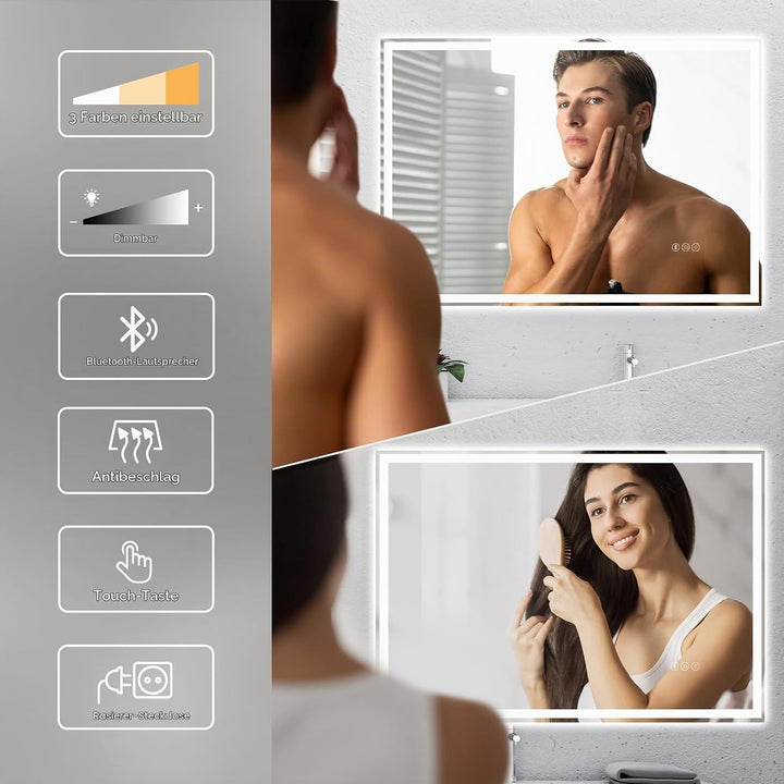 Dripex Badspiegel mit Beleuchtung Led Spiegel mit Bluetooth-Lautsprecher und Steckdose, Dimmbar, 3 L