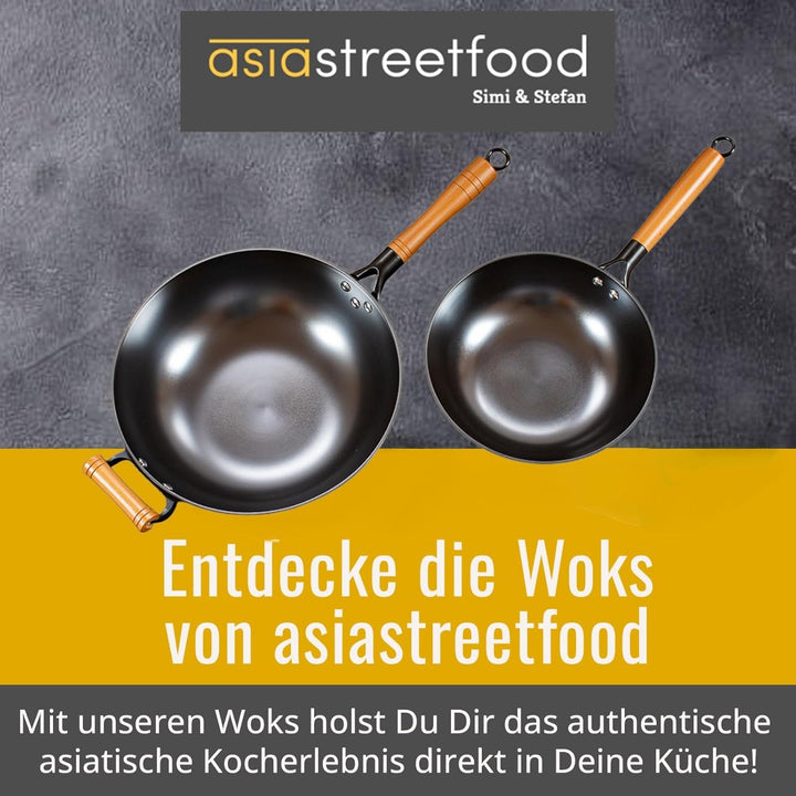 Der perfekte Wok, Ø 33cm – Robuster Carbonstahl-Wok mit flachem Boden - Holzgriff – Geeignet für Gas