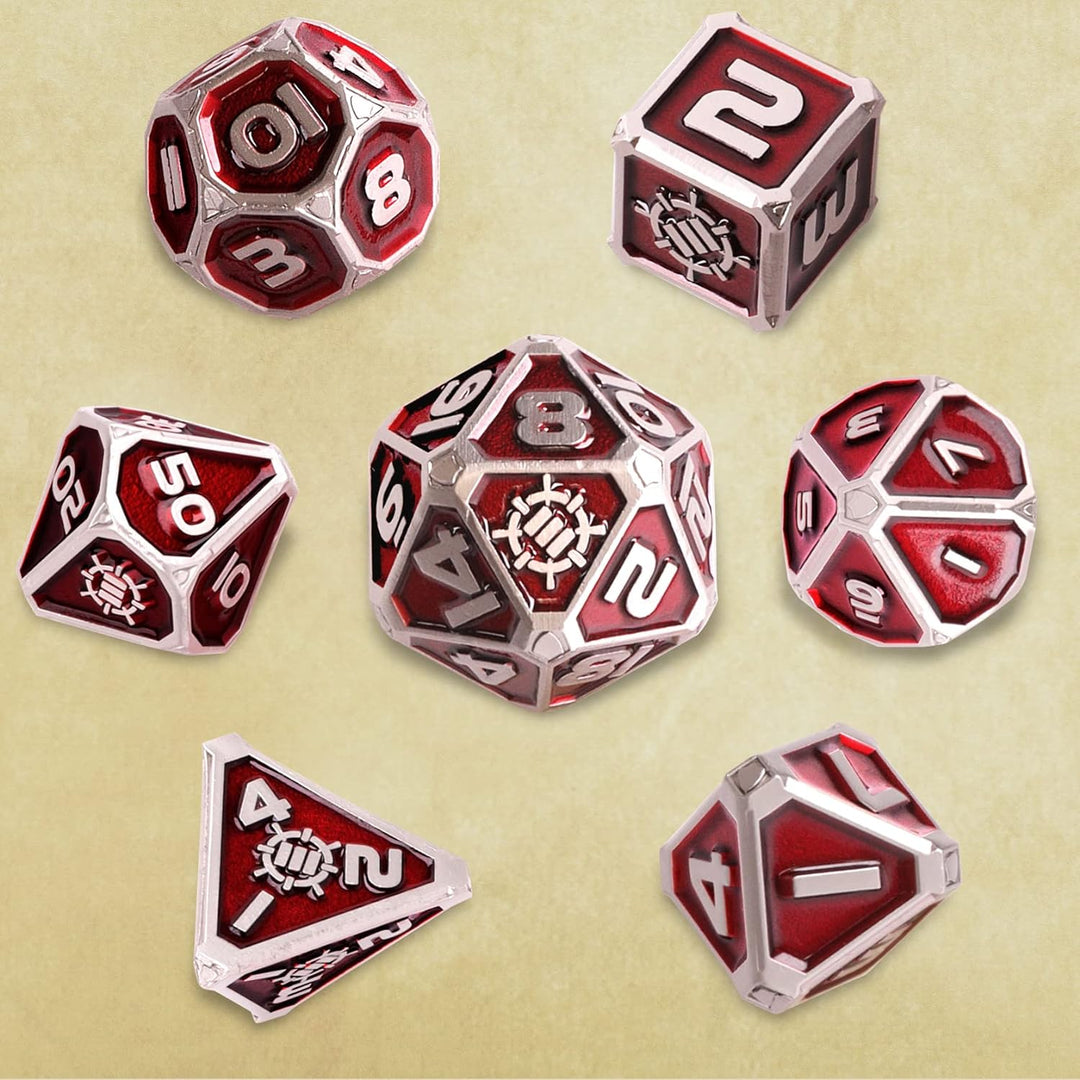 ENHANCE Würfelset aus Metall – 7 polyedrische Würfel mit 2-in-1-Würfeletui und Würfeltablett aus veg