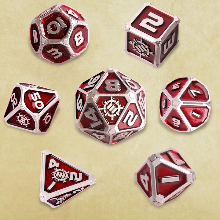 ENHANCE Würfelset aus Metall – 7 polyedrische Würfel mit 2-in-1-Würfeletui und Würfeltablett aus veg