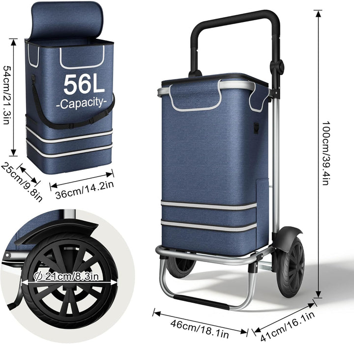 3in1 Klappbarer Einkaufstrolley 56L | Einkaufsroller mit Umhängetasche & Sackkarre | Einkaufswagen B