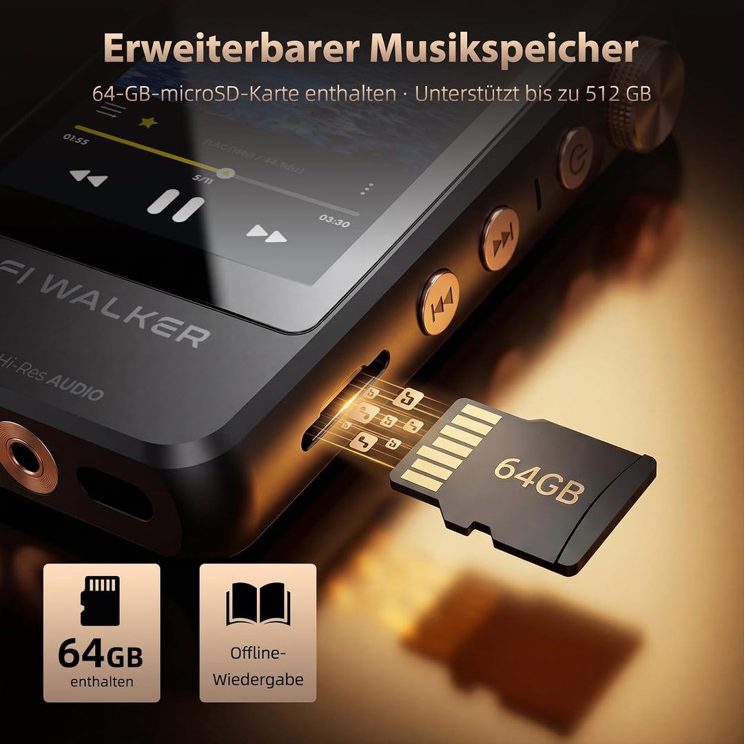 HIFI WALKER H20 Pro Hi-Res MP3 Player mit Bluetooth, 64GB microSD Karte, Lossless Musikplayer mit Du