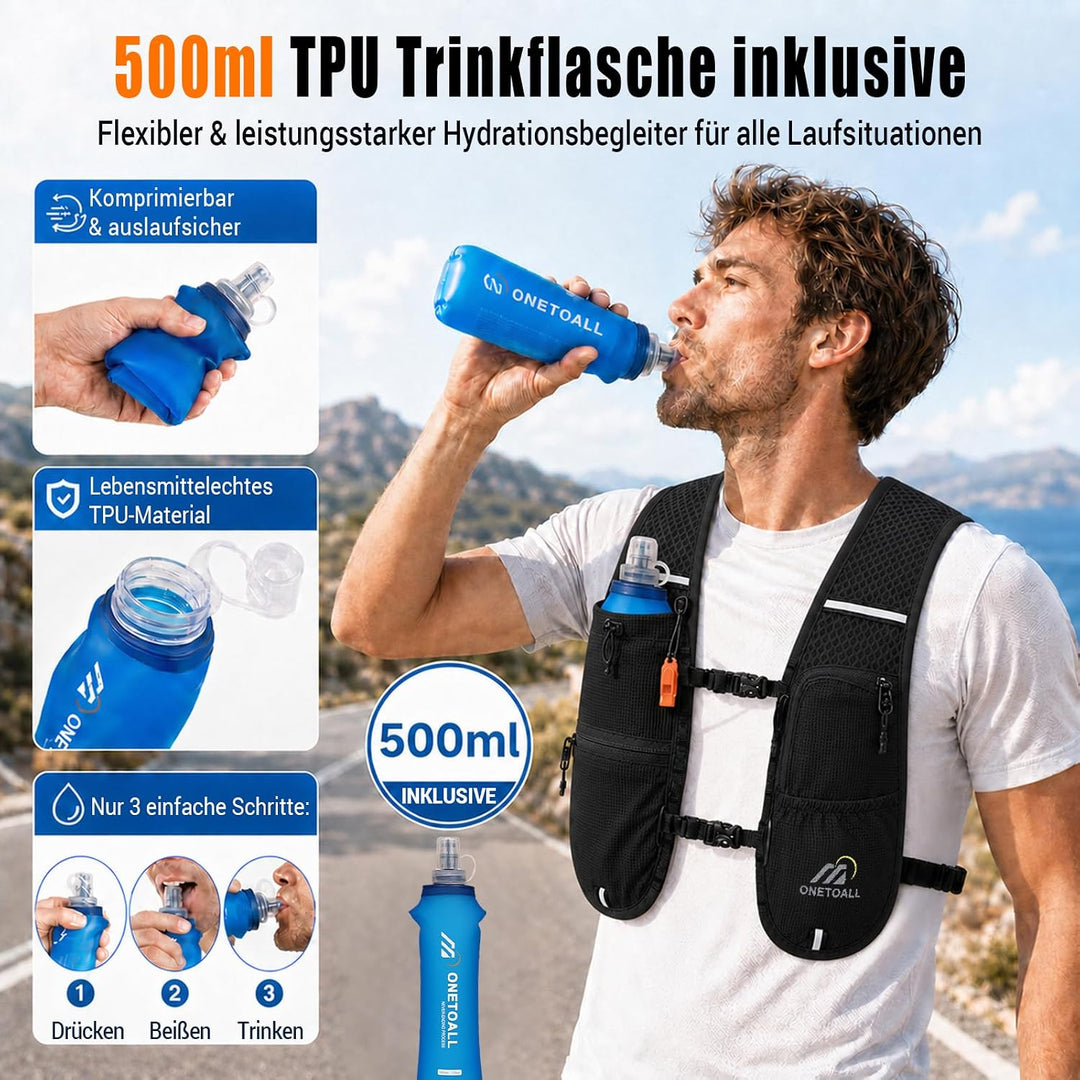 Laufweste Damen mit 500ml Trinkflasche/2L Trinkblase, Leichter Trinkrucksack Laufen Herren 6L, Runin