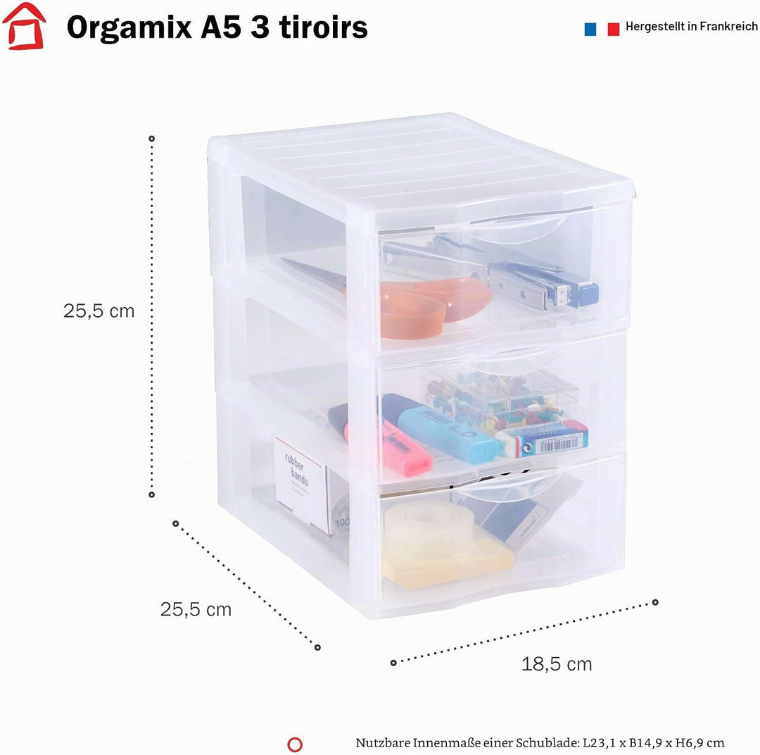 SUNDIS Orgamix, schubladenbox aus Kunststoff, 3 transparente Schubladen im Format A5, Höhe 25,5 cm,