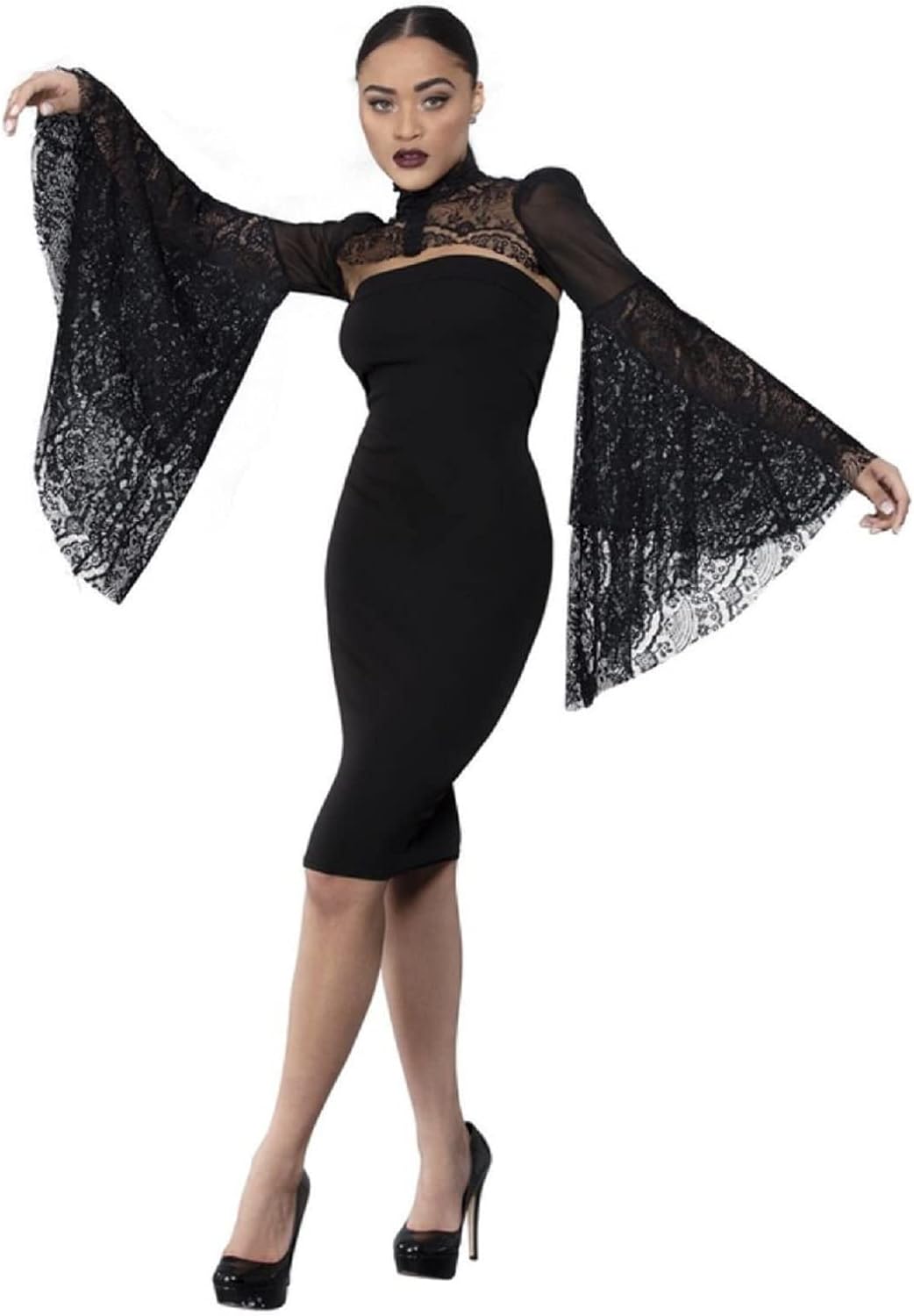 MIMIKRY Gothic Langarm-Bolero Fledermausärmel Stehkragen Spitze Jäckchen Steampunk viktorianisch Vam