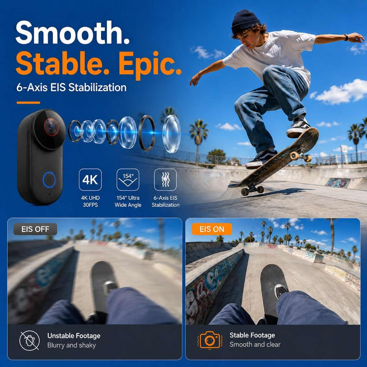 4K Ultra HD Action Cam, 6-Achsen elektronische Bildstabilisierung, 154° Weitwinkelobjektiv, wasserdi