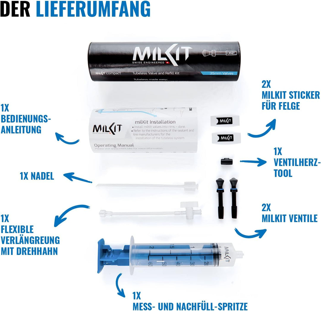 MilKit Compact Tubeless Ventilsystem - Mess-und Nachfüllspritze 60ml - Zwei Patentierte Tubelessvent