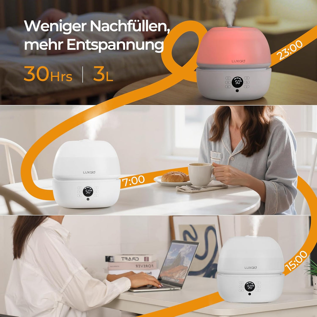3L Luftbefeuchter Schlafzimmer mit Hygrostat, 7 Farben LED Licht & Fernbedienung, ultraleiser 20dB H