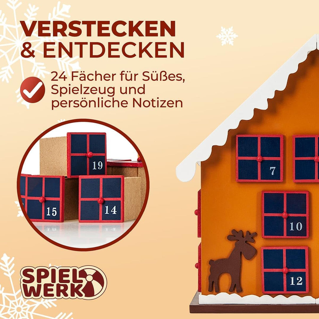 Spielwerk Wiederverwendbarer Adventskalender Winterhäuschen zum Befüllen 24 Türchen Bunt Bemalt Weih