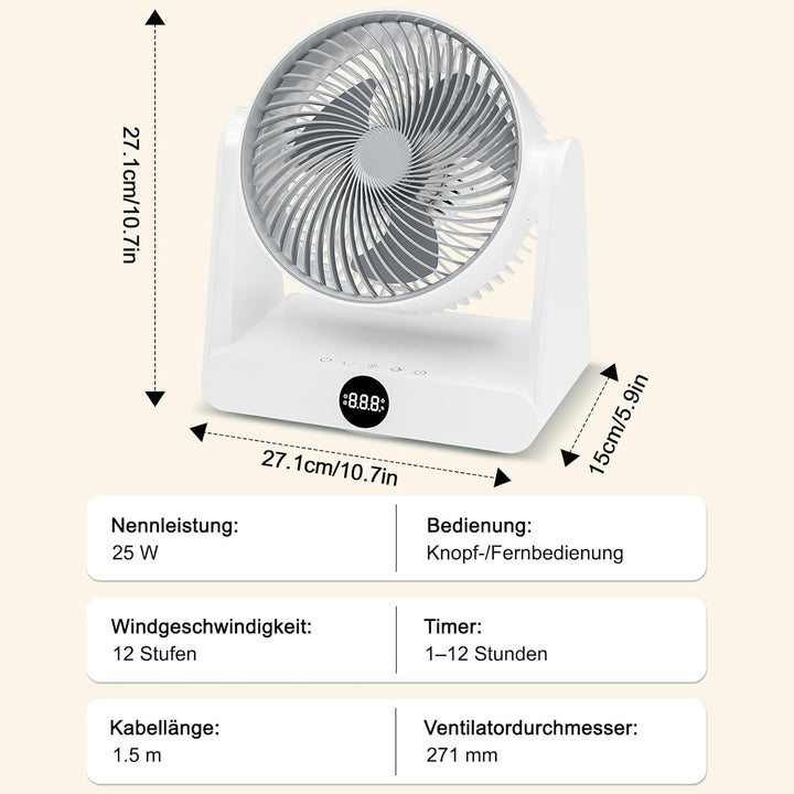 GuKKK Ventilator Leise, Tischventilator 28 DB, Starker Ventilator mit Fernbedienung, 3D Turbo-Luftzi