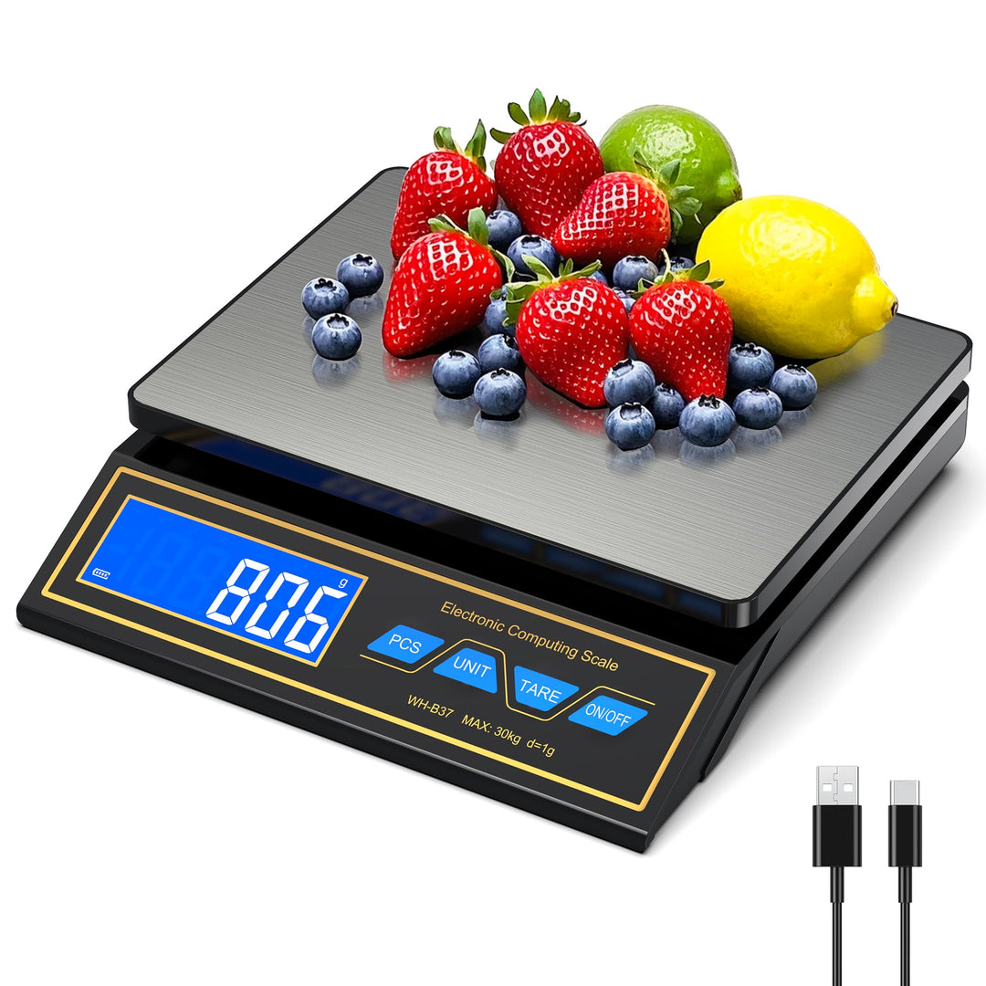 Küchenwaage 30kg,Edelstahl Digitalwaage Paketwaage Feinwaage 1g zum Gastronomie Messen von Fleisch W