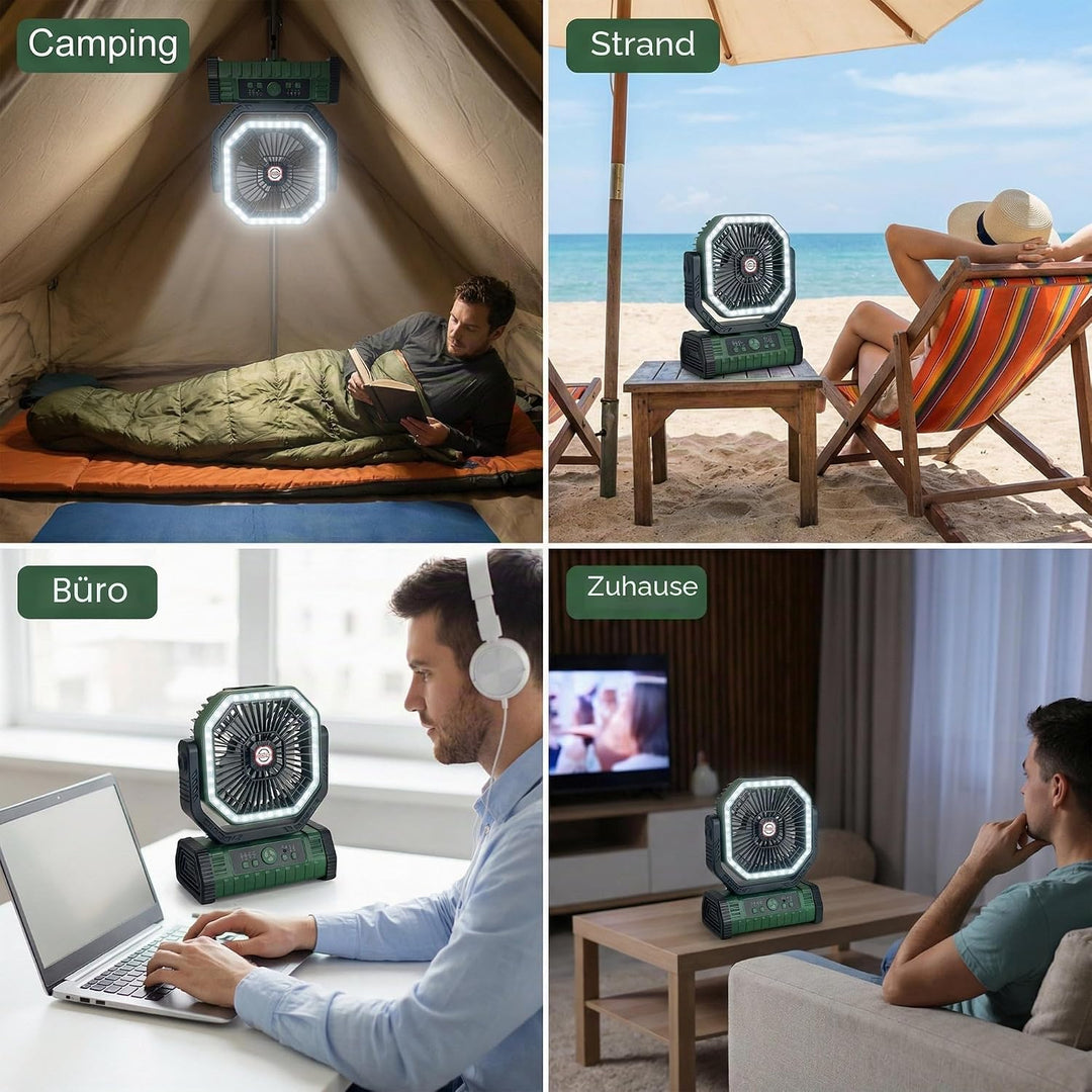 Vxoyo 20000mAh camping ventilator mit Licht, 4 Stufen, Akku-Zeltlüfter mit FB &amp; Haken, 8h Timer, Ebe