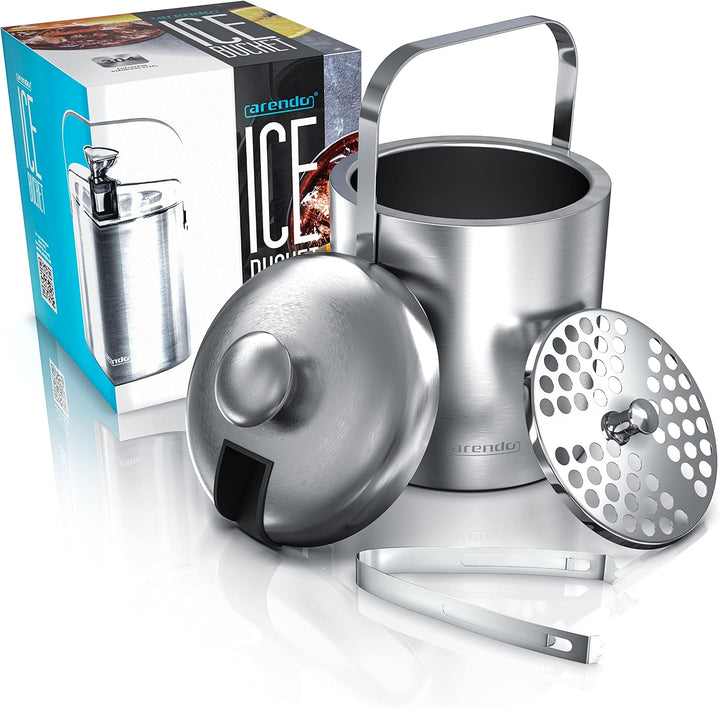 Arendo - Eiswürfelbehälter mit Deckel Edelstahl - Eiswürfelkühler - Eiskübel - 1,3 Liter – doppelwan