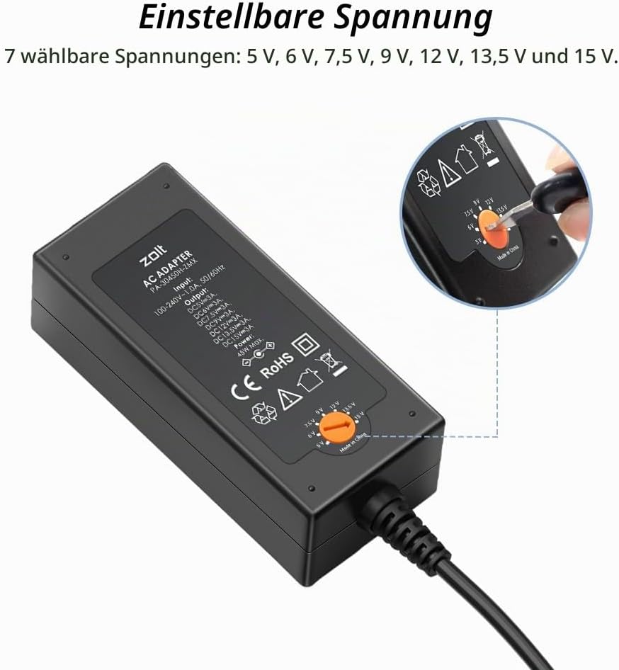 Zolt 45W Universal Netzteil AC zu DC 5V 6V 7.5V 9V 12V 13.5V 15V 3A Schaltnetzteil mit 10 DC-Stecker