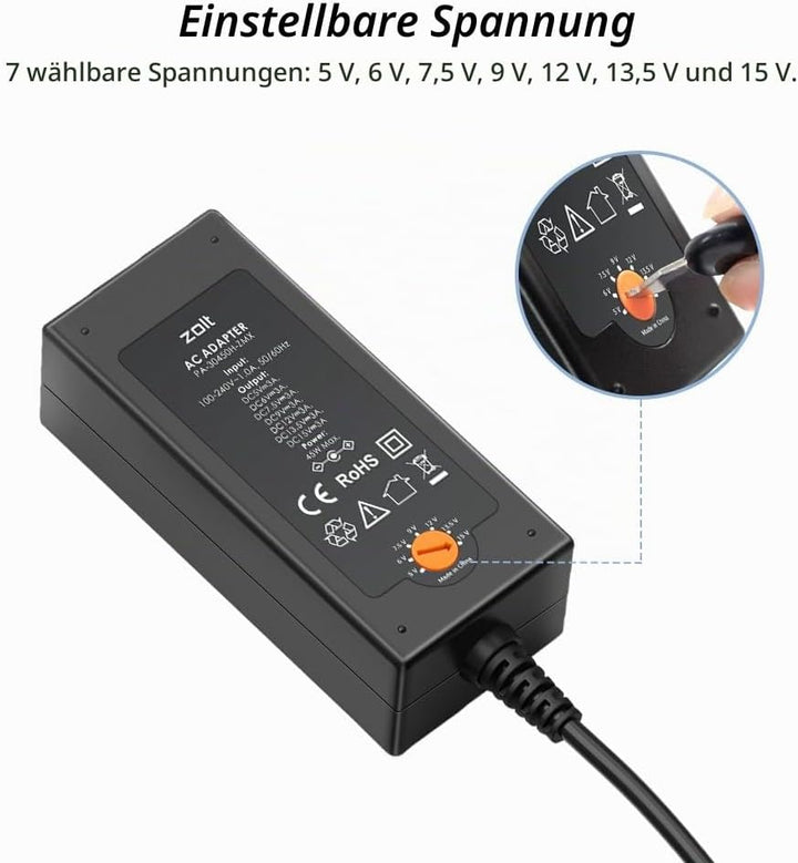 Zolt 45W Universal Netzteil AC zu DC 5V 6V 7.5V 9V 12V 13.5V 15V 3A Schaltnetzteil mit 10 DC-Stecker