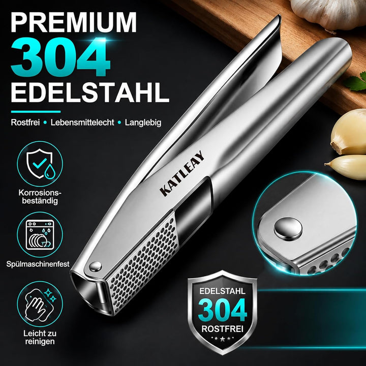 Profi Knoblauchpresse Edelstahl, Garlic Press Spülmaschinenfest - mit Schäler und Bürste, Leicht zu