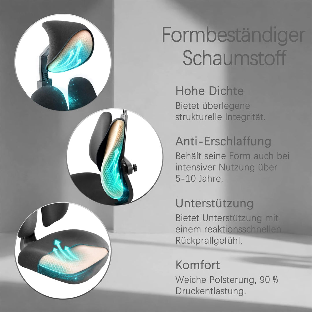 FLEX Ergonomischer Bürostuhl mit dynamisch geteilter Rückenlehne, 8 cm ultra-verdickter Sitz aus hoc