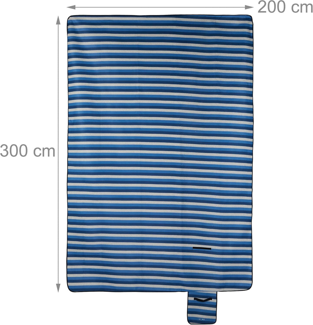 Relaxdays XXL Picknickdecke, 200x300 cm, isoliert, wasserdicht, gestreifte Fleece Stranddecke, Trage