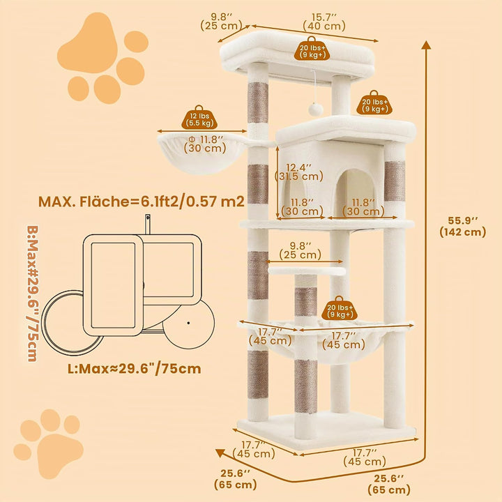 Heybly kratzbaum gross 142 cm mit Leichtem Aufstieg, Beige HCT028MJ | 2 Ruheplattformen, Katzenhöhle