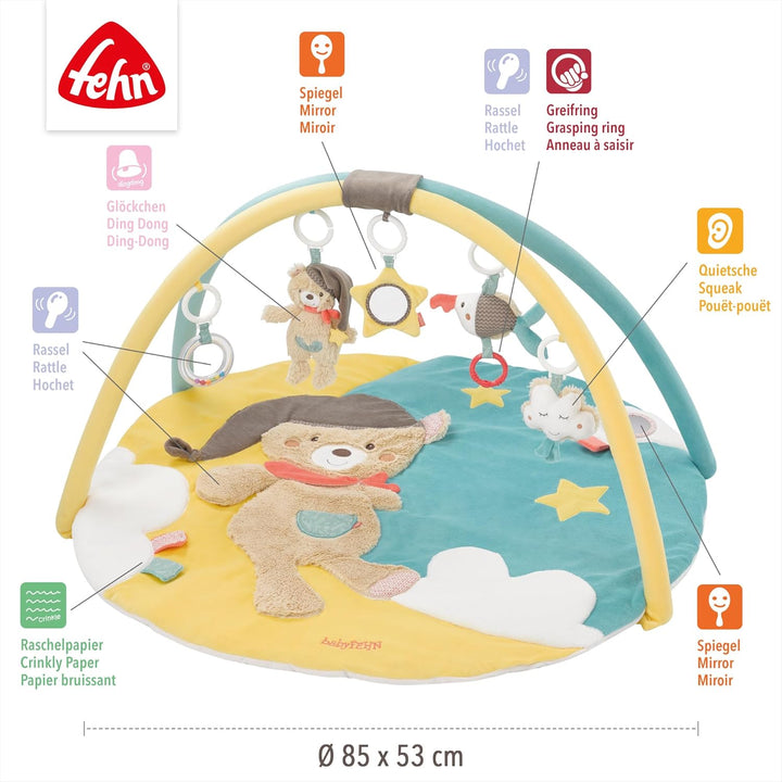 Fehn 3-D-Activity-Decke Spielbogen Bruno – Baby Krabbeldecke mit 5 abnehmbaren Spielzeugen zum Greif