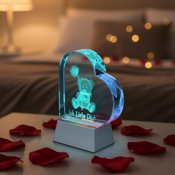 Kaltner Präsente Geschenkidee – Herz aus Glas: Kristallglas mit 3D-Laser-Gravur Teddy Rose/Ich Liebe