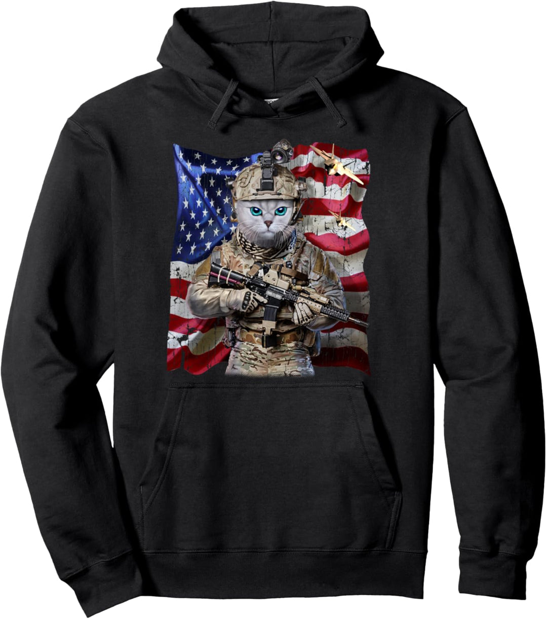 Weisse Katze als Infanterist mit Flagge der USA Pullover Hoodie