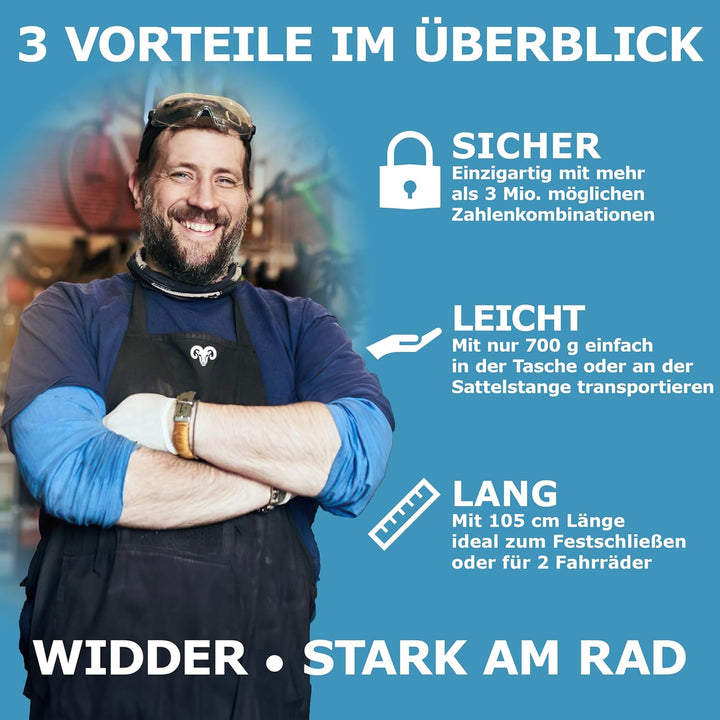 WIDDER Zahlenschloss Kettenschloss [3 Mio Kombinationen, sicher, 105cm lang] Fahrradschloss hohe Sic