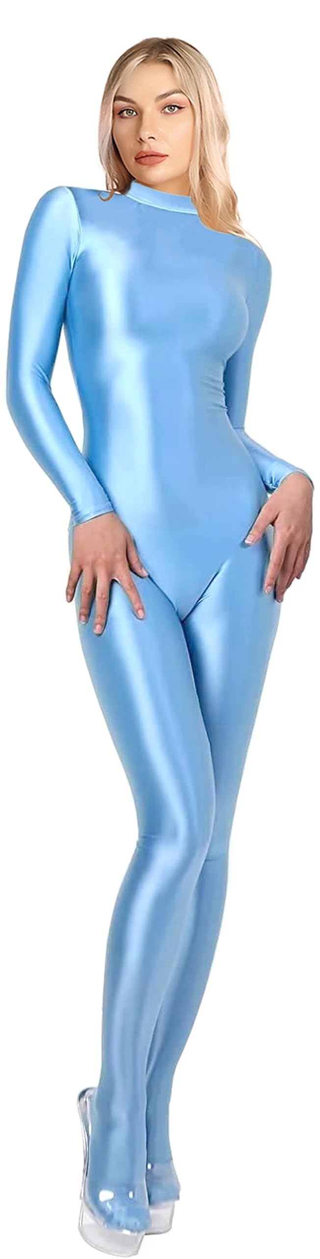 200D blickdichter Einteiler Badeanzug High Stretch Glänzender Body Reissverschluss Rücken L Himmelbl
