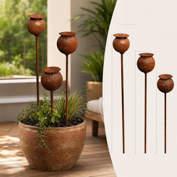 2er Rostige GartendekoSet Rost Deko für Garten Cortenstahl Gartenstecker Metall Blume Mohn Gartendek