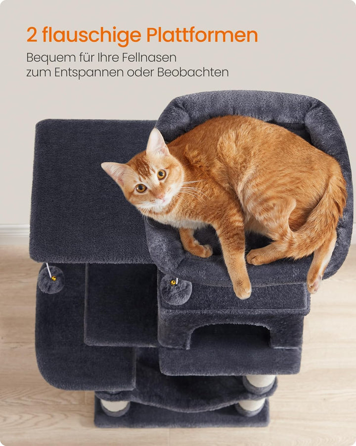 Feandrea Kratzbaum, 112 cm hoch, Katzenbaum, mehrstöckiges Katzenhaus, mit 4 Kratzsäulen, 2 Plattfor