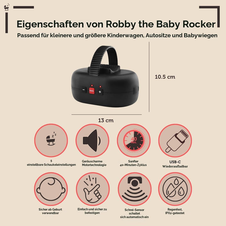 ZAZU Robby Kinderwagenschaukler - Automat. Babywippe, Verstellbare Stärke, 40-Min Timer, Babyschreis
