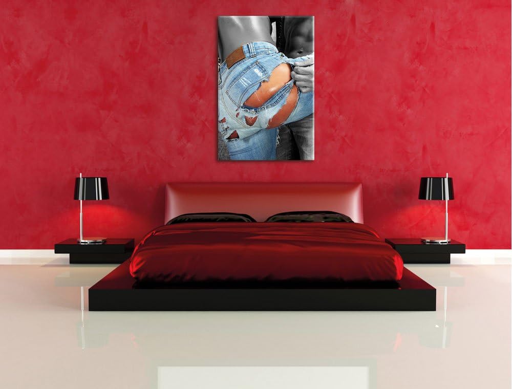 Pixxprint Frau in aufgerissener Jeans als Leinwandbild/Grösse: 100x70 cm/Wandbild/Kunstdruck/fertig