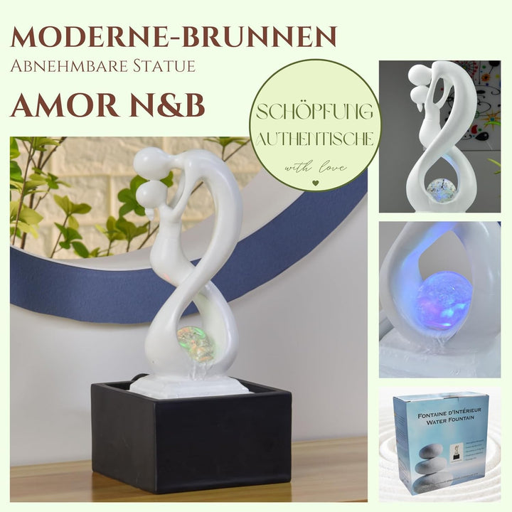 Zen'Light - Moderner Zimmerbrunnen Amor Schwarz&Weiss mit Farbigem LED-Licht - Abnehmbare Skulptur -