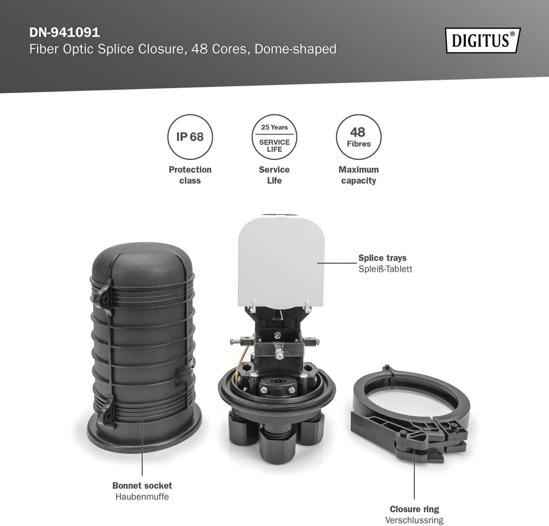 DIGITUS LWL-Dome Muffe - für 48 Glasfasern - IP68 Schutzklasse - Erosionsschutz - Spleissmuffe - Sch