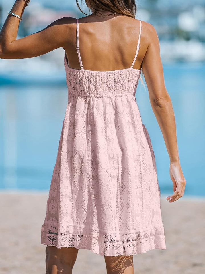 CUPSHE Damen Sommerkleid V Ausschnitt Floral Spitze Quasten Spaghetti Trägerkleid Freizeitkleider Bo