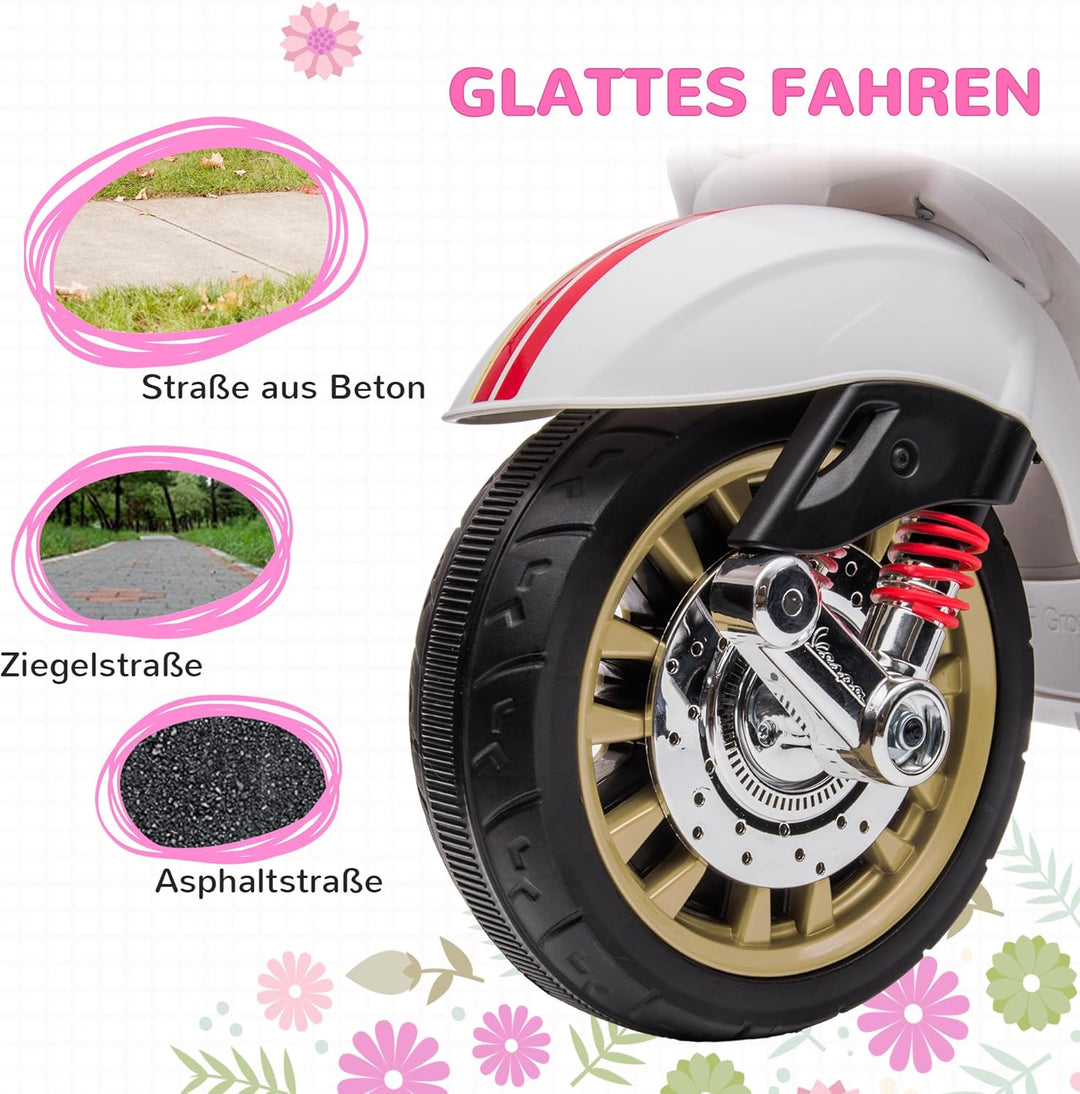 AIYAPLAY Elektro Kindermotorrad, Vespa 6V Elektromotorrad mit MP3, USB, FM-Radio, LED-Scheinwerfer,