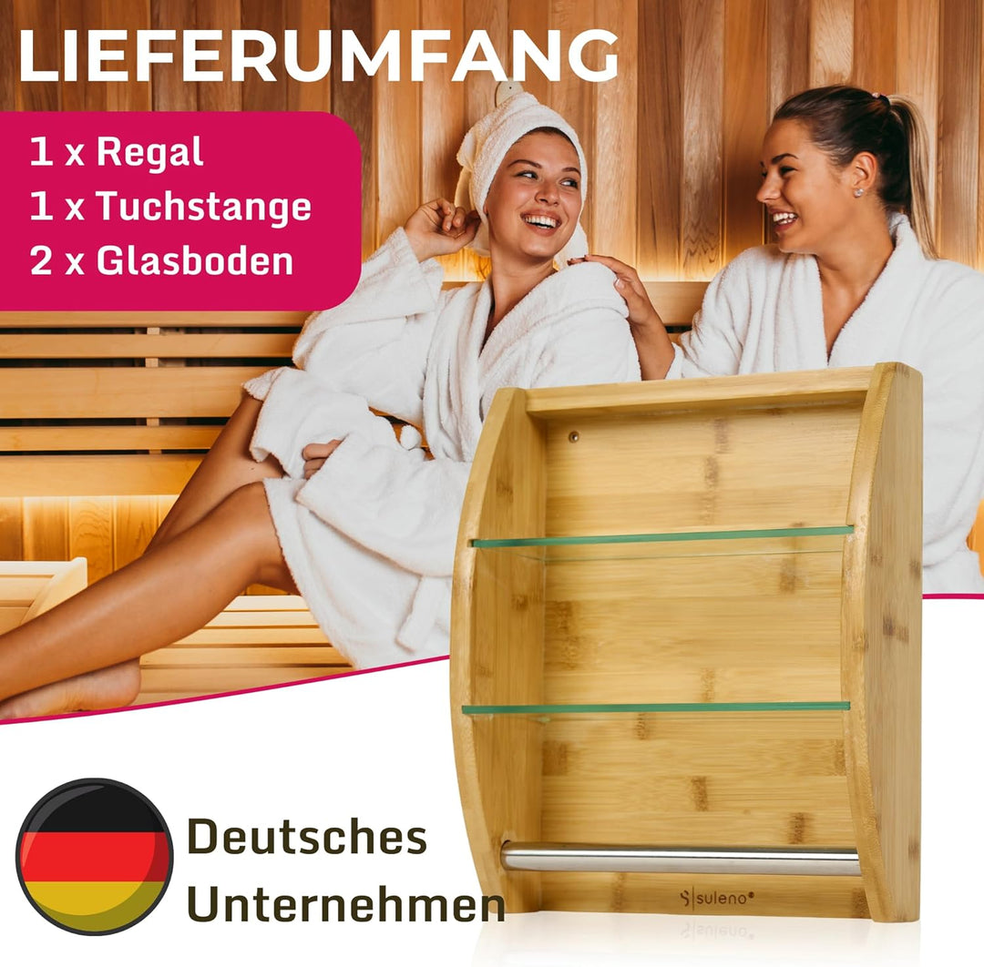 Suleno Sauna Regal aus Nadelholz mit 2 Glaseinlegeböden und Handtuchhalter – Wandregal Sauna Zubehör
