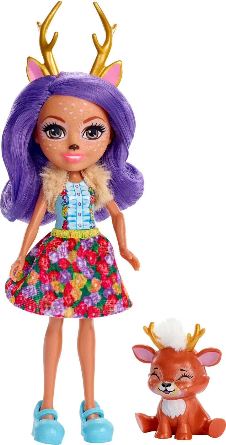 Enchantimals FXM75 - Danessa Deer Puppe & Sprint Figur, Puppe (15cm), Lange Violette Zöpfe, Tierohre