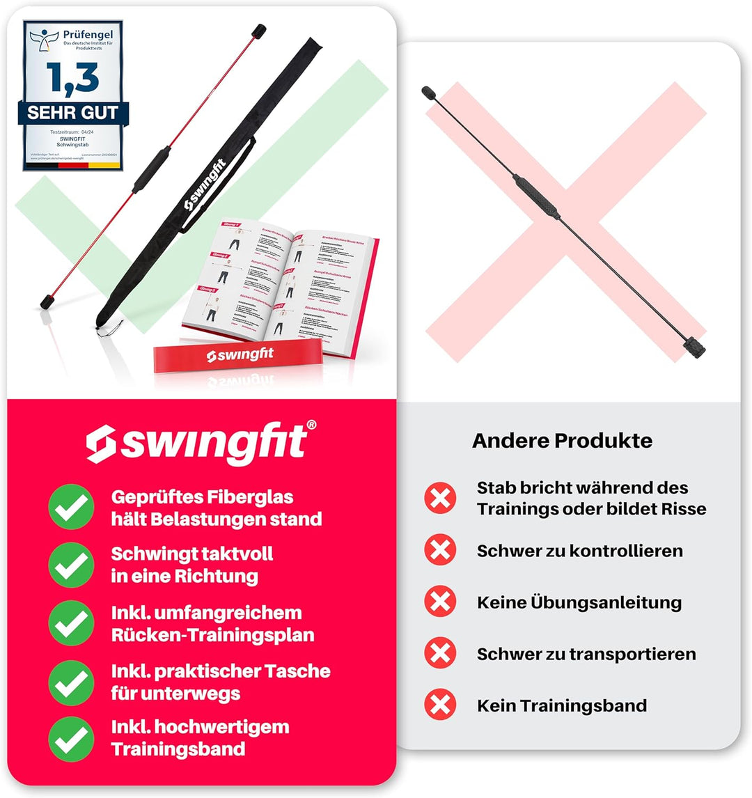 swingfit® Schwingstab inkl. praktischer Tasche & Rücken Trainingsplan - Swingstick für Tiefenmuskula
