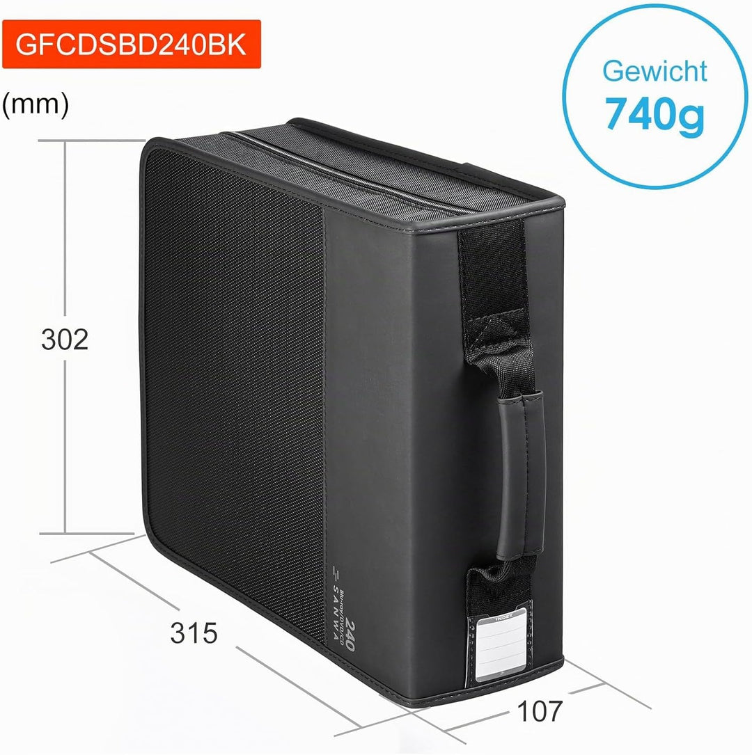 SANWA CD Tasche, 240 Kapazität DVD Blu-ray Mappe zur Aufbewahrung, Hartschale Film Medien CD Hüllen