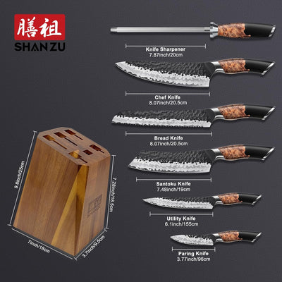 SHAN ZU Messerset 7 teilig, Japanisches Küchenmesser Set mit Block, 7 Schichten Hochwertigem Carbon
