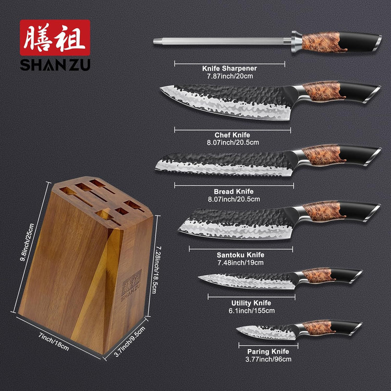 SHAN ZU Messerset 7 teilig, Japanisches Küchenmesser Set mit Block, 7 Schichten Hochwertigem Carbon
