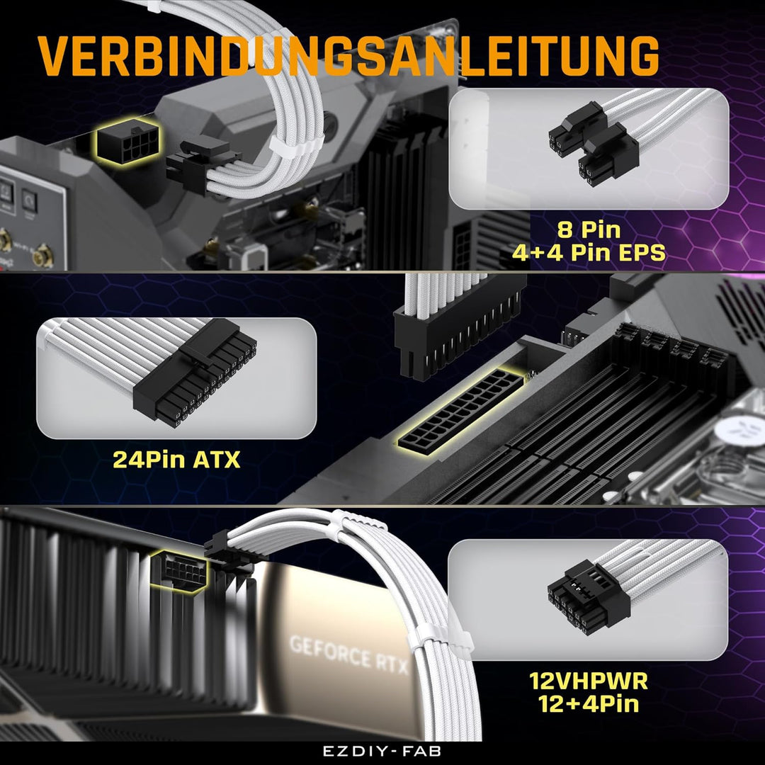 EZDIY-FAB PCIE 5.0 12VHPWR Sleeved Cable Kit, 16AWG Stromversorgungskabel Verlängerung, 24PIN-ATX/(4